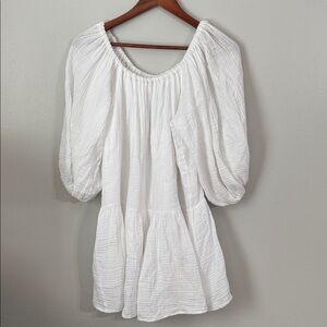 Felicite White Cotton Peasant Tunic Dress with Puff Sleeves